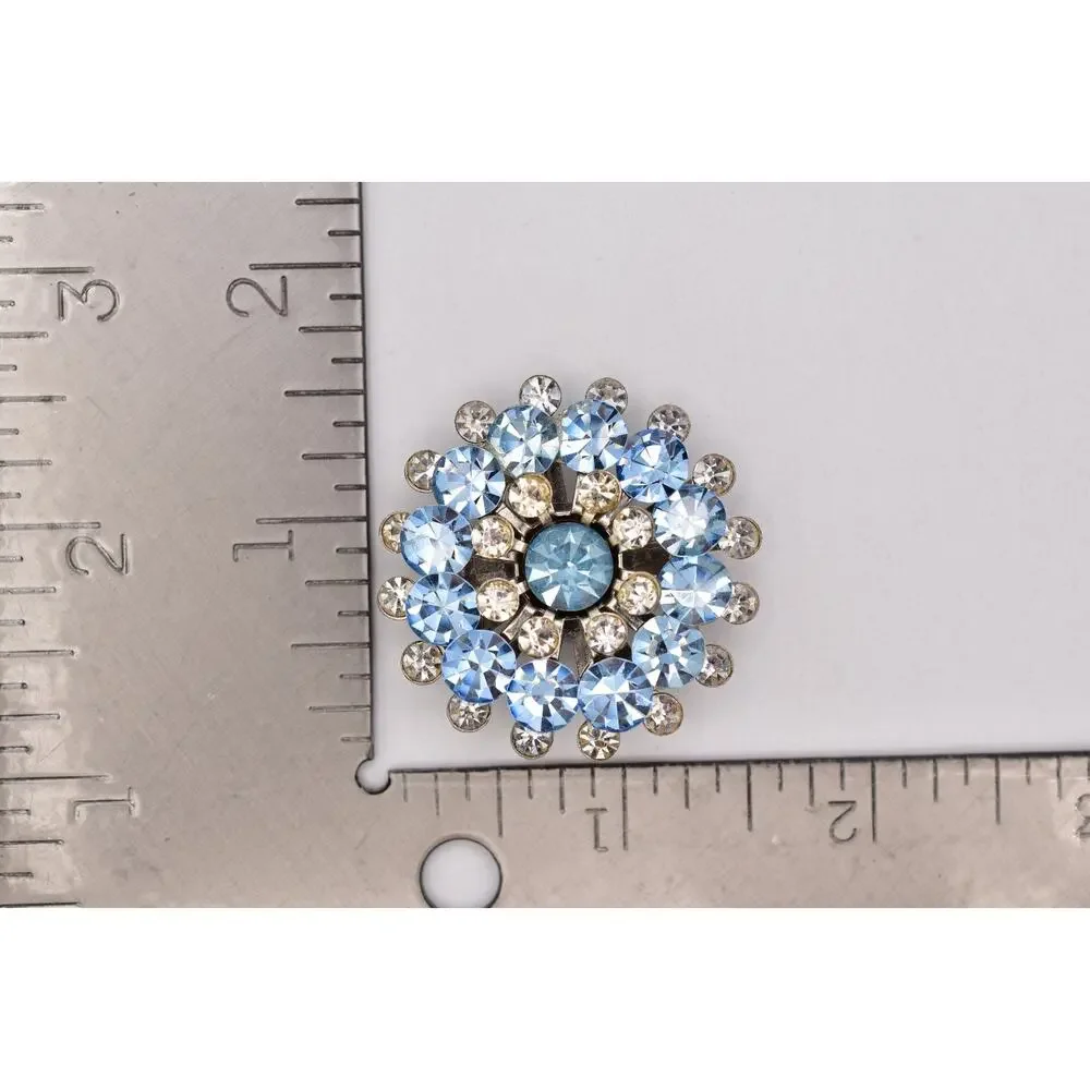 Vintage Sky Blue Rhinestone Starburst Brooch Crystal Silver Floral Pin 50s BinBI